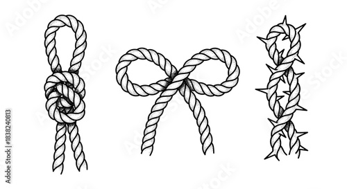Collection of three distinct rope knots and ties illustrated in black and white.
