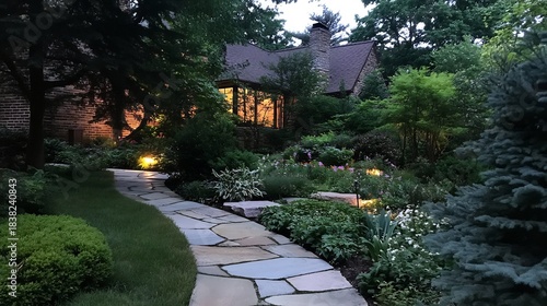 Pathway lighting along stone walkway in a lush garden with low profile LED lights softly illuminating plants and flower beds creating a tranquil and elegant garden scene at dusk