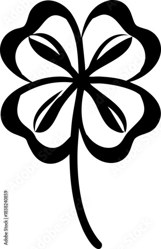 A beautiful stylized black and white fourleaf clover illustration symbolizing good luck 