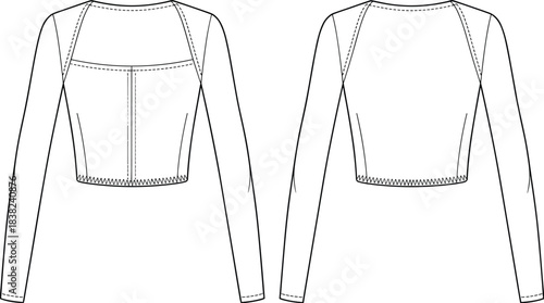 Long sleeve cropped top CAD flat sketch, technical fashion drawing with front and back view, fitted garment sewing pattern, apparel design template