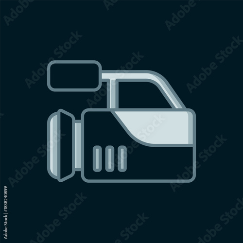 Line Cinema camera icon isolated on black background. Video camera. Movie sign. Film projector. Flat filled outline style with shadow. Vector