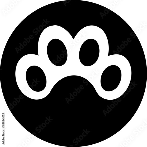 Minimalist graphic illustration of an animal paw print featuring four distinct toes gracefully enclosed within a perfect solid black circular shape creating a modern pet related icon