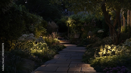 Pathway lighting along stone walkway in a lush garden with low profile LED lights softly illuminating plants and flower beds creating a tranquil and elegant garden scene at dusk