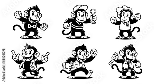 Set of six cartoon monkeys in various poses and outfits.