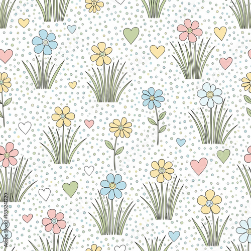 Charming seamless pattern with pastel flowers, green leaves, and tiny hearts, perfect for sweet fabric, baby decor, and delightful gift wrapping