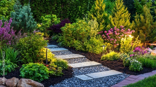 Pathway lighting along stone walkway in a lush garden with low profile LED lights softly illuminating plants and flower beds creating a tranquil and elegant garden scene at dusk