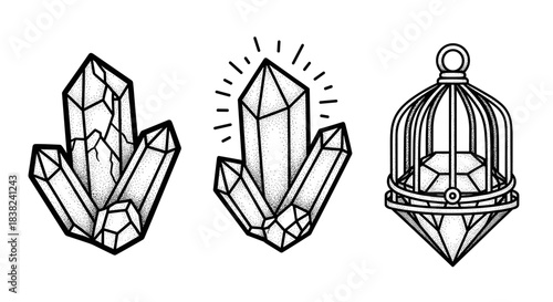 Crystals and a Crystal Cage Illustration.