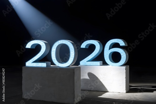 Illuminated 2026 numbers on pedestals under spotlight