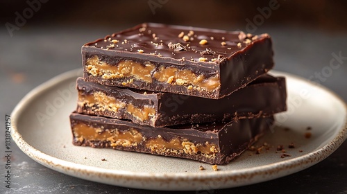 Pieces of Butterfinger bar scattered a smooth white plate highlighting the chocolate coated crispy peanut butter layers with soft shadows and crumbs for added texture