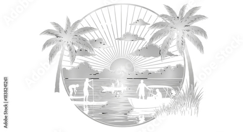 Tropical Sunset Water Sports Scene for Vacation Travel Tourism Resort Design Summer Fun