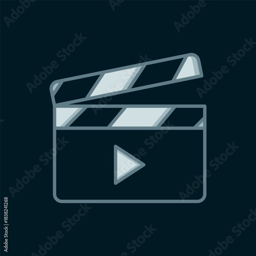 Line Movie clapper icon isolated on black background. Film clapper board. Clapperboard sign. Cinema production or media industry. Flat filled outline style with shadow. Vector