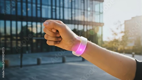 Closeup of a person checking a fitness tracker on their wrist during outdoor workout in sunlight
