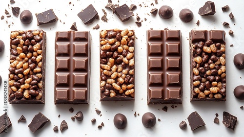 Pieces of Crunch bar arranged a line on a white background showing the crisp rice texture in each piece with chocolate shards sprinkled around for added texture and visual interest