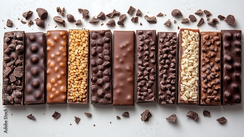 Pieces of Crunch bar arranged a line on a white background showing the crisp rice texture in each piece with chocolate shards sprinkled around for added texture and visual interest
