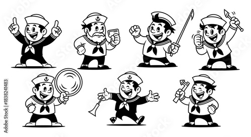 Vintage Sailor Character Set with Various Poses and Props.