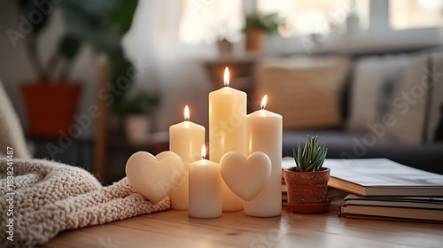 Pillar candles of various sizes a minimalist coffee table surrounded by books small plants and a cozy knit blanket illuminating a chic modern living room at dusk
