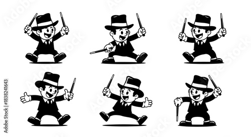 Cartoon Man In Suit And Hat With Baton Set.