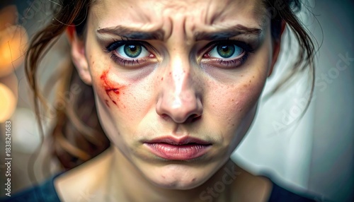 Distressed Woman With Green Eyes And Facial Wound Expressing Shock And Pain In Close Up Portrait With Blurred Background And Soft Lighting