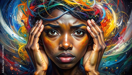 Expressive close-up portrait of a Black woman with hands on temples conveying intense emotional distress anxiety and overwhelm with colorful abstract energy exploding around her head in a dark