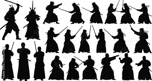 Japanese Samurai and Kendo Silhouettes: Vector Collection of Martial Arts Practice, Sword Fighting Poses, and Traditional Bushido Warrior Training
