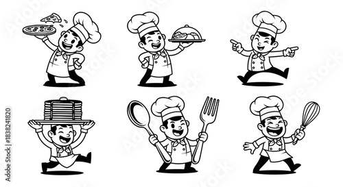 Set of six cartoon chefs in various poses holding food and utensils.