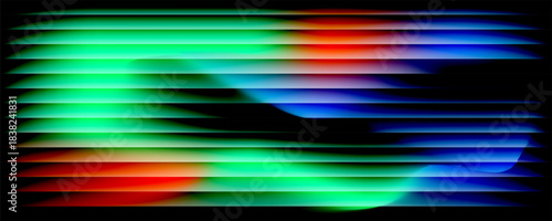 Abstract horizontal light streaks in vibrant green, red, and blue colors on a dark background, creating a dynamic and modern visual effect.