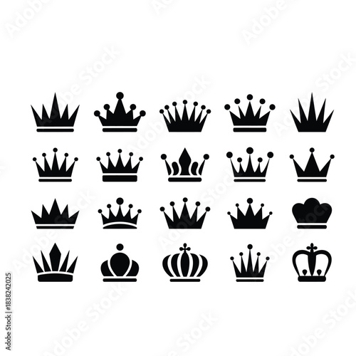 Royal Crowns Icon Set: 20 Black Silhouette Designs for King and Queen