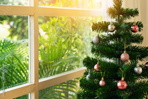 Artificial Christmas tree decorated with shiny balls ornaments stands beside large white framed window with outside blurred background of plants. Merry Christmas holiday season celebration concept