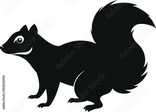 Stylized black and white skunk illustration with bushy tail