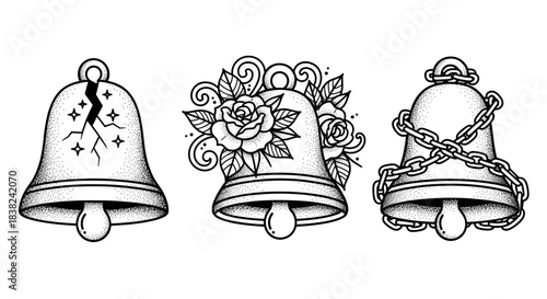 Three Tattoo Style Bells with Different Symbolism.