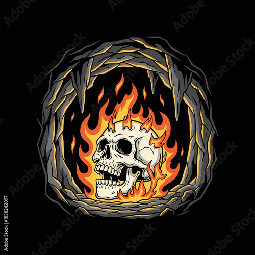 Skull engulfed in flames inside a cave entrance.