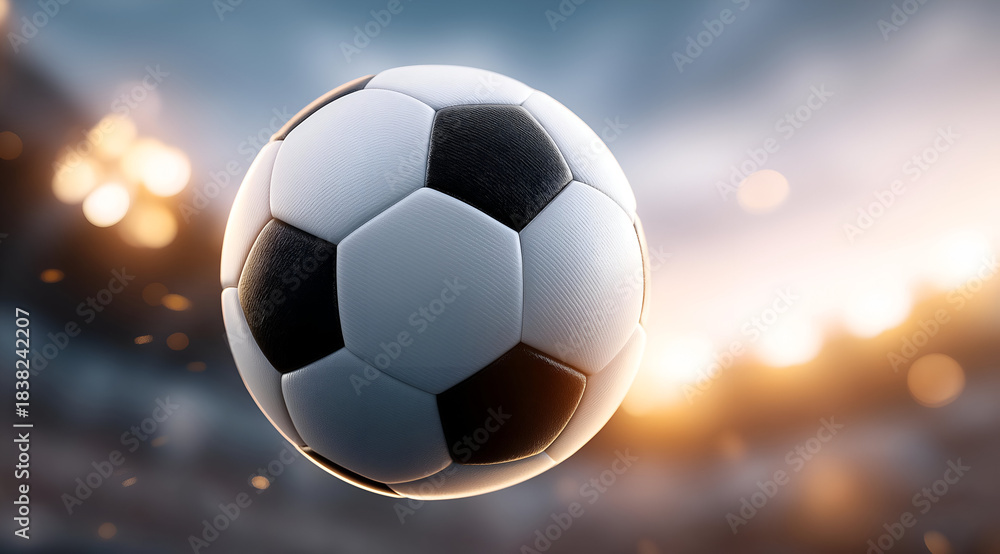 Naklejka premium A close-up of a soccer ball in mid-air, capturing the excitement of a game with a blurred stadium in the background.