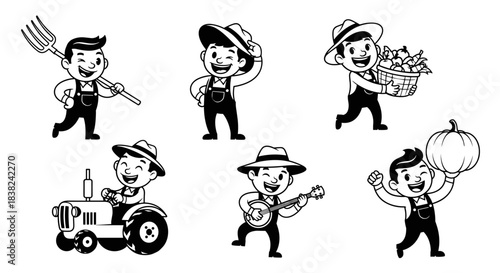 Set of cartoon farmers in various activities on a white background.