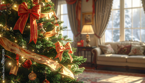 Christmas tree decorated with red bows, golden ribbons, and ornaments in cozy living room with sofa, lamp, and large window showing snowy outdoor scene, creating warm festive atmosphere