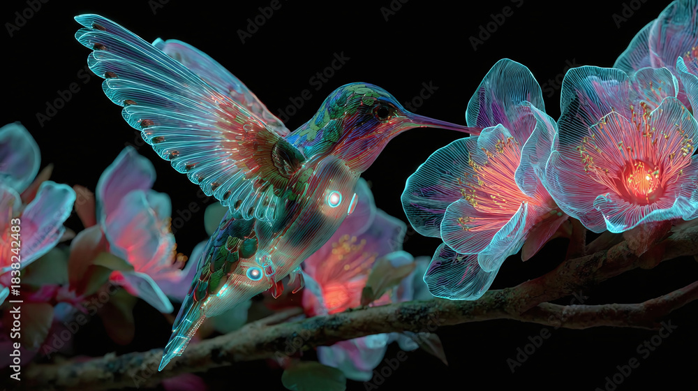 Naklejka premium A hummingbird sipping nectar from a vibrant flower