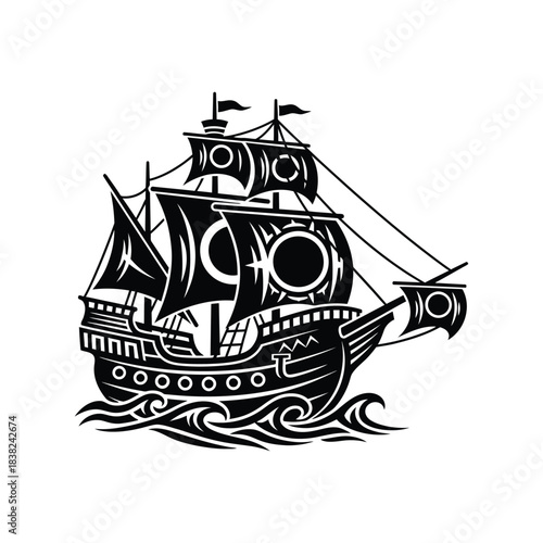 Tribal style galleon ship decorative silhouette marine vector illustration