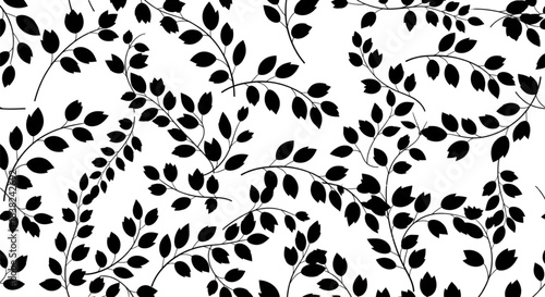 Seamless Black Branch Leaf Pattern Background for Elegant Textile Wallpaper Design