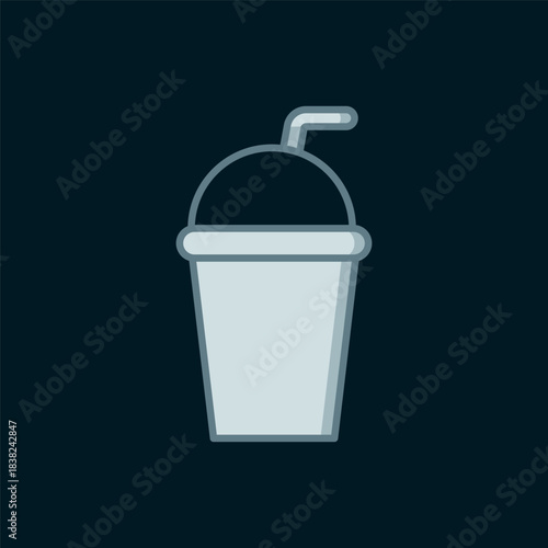 Line Paper glass with drinking straw and water icon isolated on black background. Soda drink glass. Fresh cold beverage symbol. Flat filled outline style with shadow. Vector