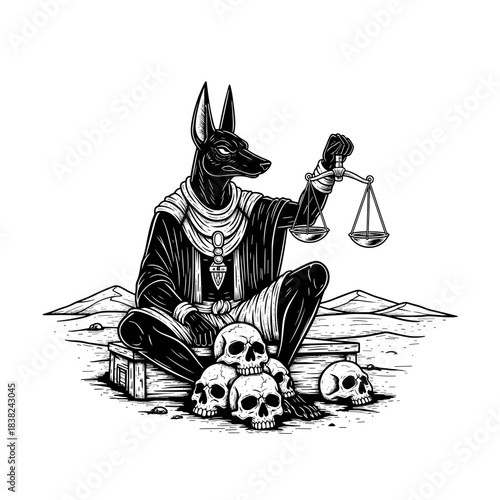 Ancient Egyptian God Anubis Weighing Scales with Skulls.