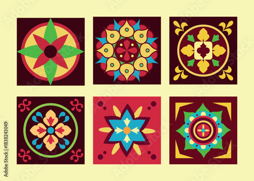 Seamless floral pattern set with abstract geometric shapes and colorful floral ornament decoration