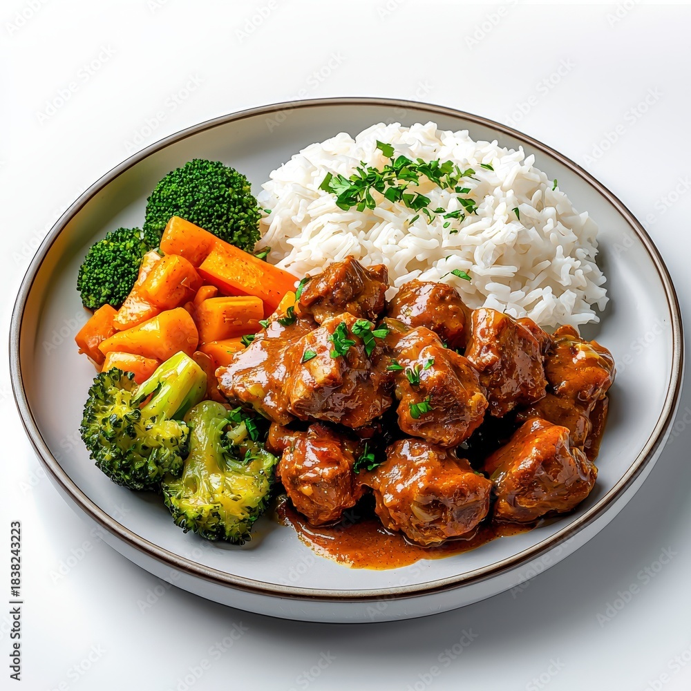 Fototapeta premium Delicious beef stew served with fluffy white rice, tender carrots, and fresh broccoli, creating a wholesome and satisfying meal on a white background.