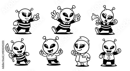 Set of Cute Cartoon Aliens in Various Poses and Outfits.