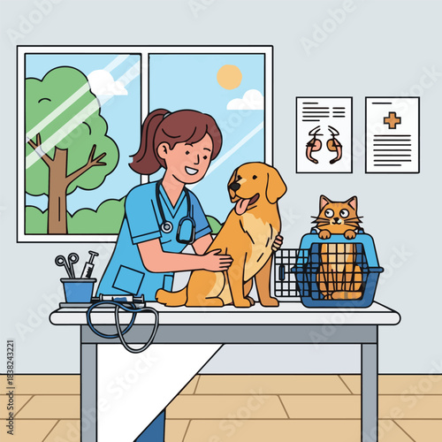 Vet with Dog and Cat in Clinic
