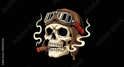 Skull Wearing Aviator Helmet Smoking Cigar With Smoke Wisps.