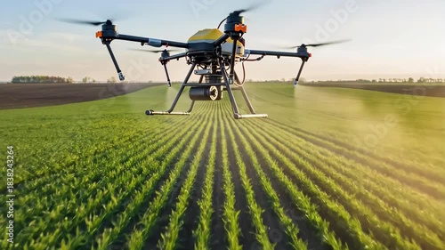 Agricultural Drone Spraying Crop Fields in Bright Sunlight with Aerial Camera Perspective