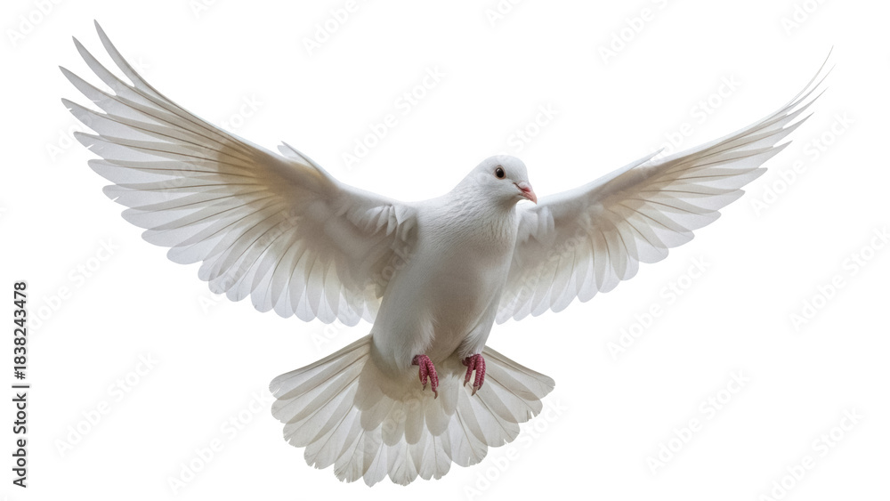 Fototapeta premium Elegant white dove flying isolated PNG on transparent background, symbol of peace and freedom for design projects