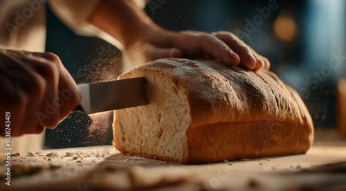 A close-up of a hand slicing freshly baked bread with a sharp knife. The warm, golden crust contrasts with the soft interior.