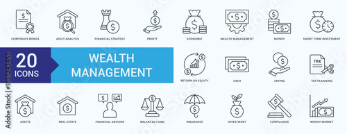 Wealth Management Icon Pack Illustration Vector with corporate bonds, asset analysis, financial strategy, profit, economic