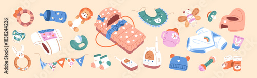 Set of baby items. Accessories, toys and clothes for newborns. Cradle, rattles, diapers, pacifier, potty, milk bottle, nappy and care supplies for infant kids. Flat isolated vector illustrations.