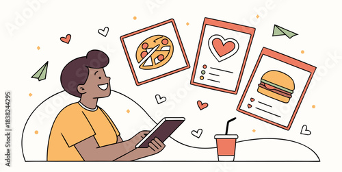 Happy person eagerly browsing delicious fast food options on a mobile device for delivery or takeout